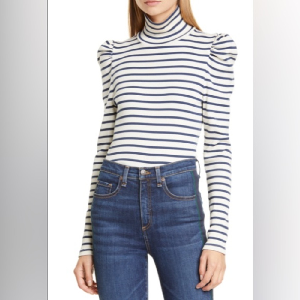 Veronica Beard Cedar Stripe Puff Sleeve Turtleneck